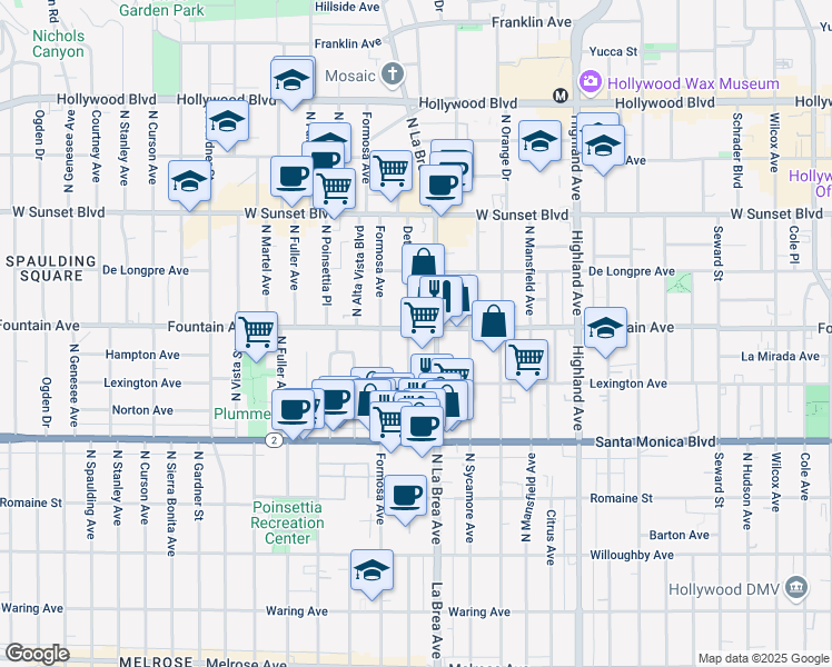 map of restaurants, bars, coffee shops, grocery stores, and more near 1254 North Detroit Street in West Hollywood