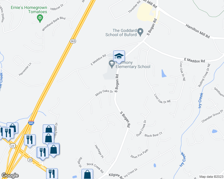 map of restaurants, bars, coffee shops, grocery stores, and more near 3078 Misty Oaks Drive in Buford