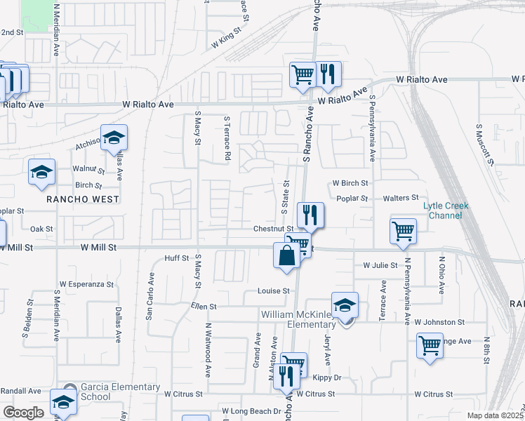 map of restaurants, bars, coffee shops, grocery stores, and more near 2122 West Chestnut Street in San Bernardino
