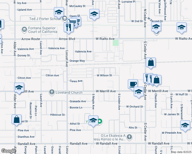 map of restaurants, bars, coffee shops, grocery stores, and more near 1683 West Wilson Street in Rialto