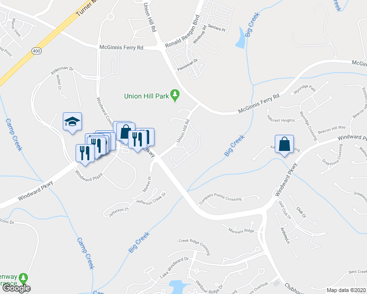 map of restaurants, bars, coffee shops, grocery stores, and more near 1101 Masters Way in Alpharetta