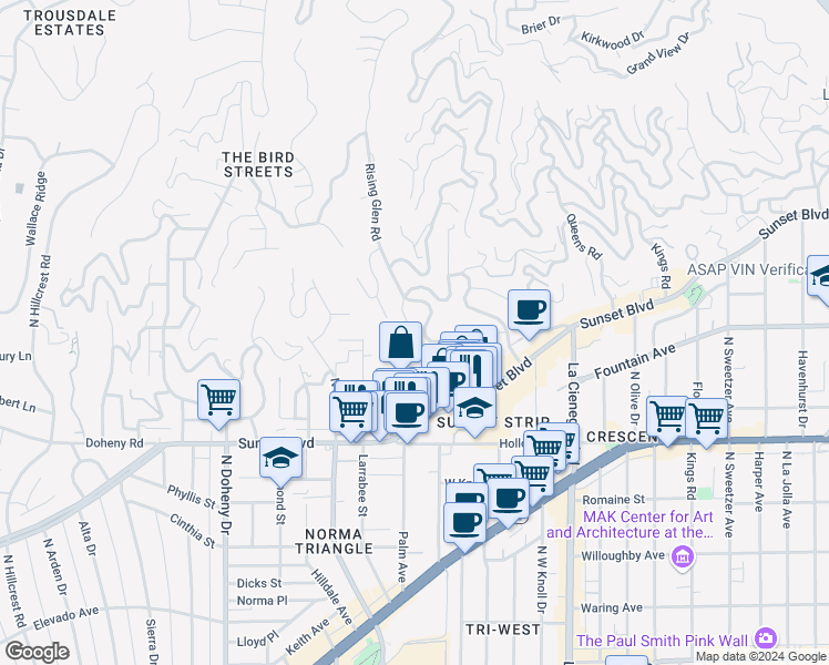 map of restaurants, bars, coffee shops, grocery stores, and more near 8718 Saint Ives Drive in Los Angeles