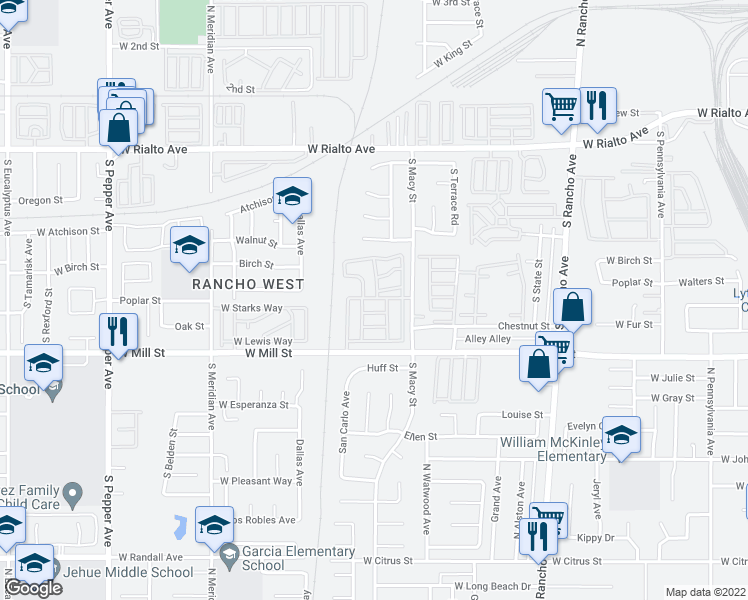 map of restaurants, bars, coffee shops, grocery stores, and more near 494 South Macy Street in San Bernardino