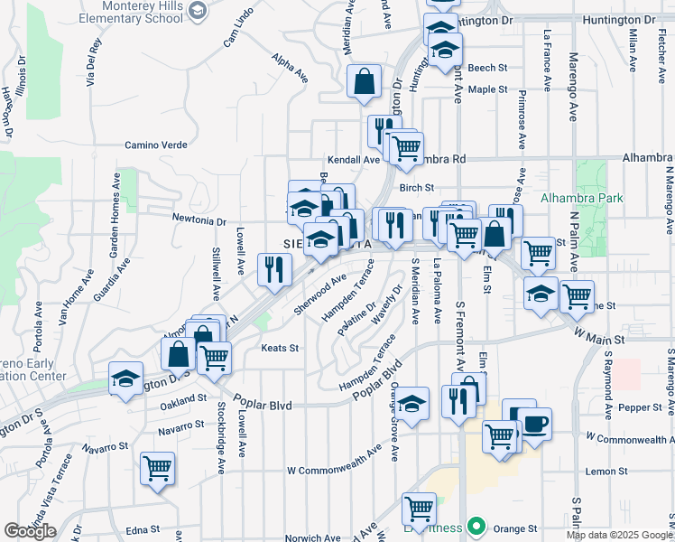 map of restaurants, bars, coffee shops, grocery stores, and more near 3033 Sherwood Avenue in Alhambra