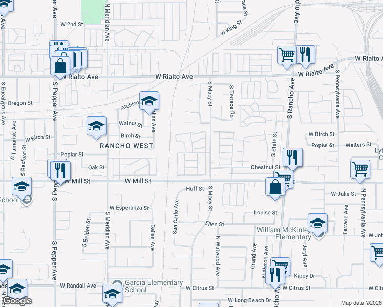 map of restaurants, bars, coffee shops, grocery stores, and more near 494 South Macy Street in San Bernardino