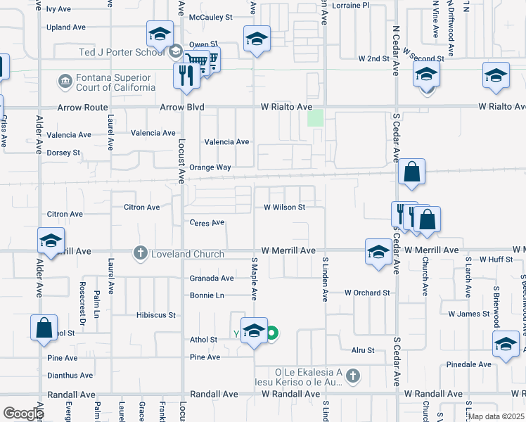 map of restaurants, bars, coffee shops, grocery stores, and more near 8822 South Maple Avenue in Rialto