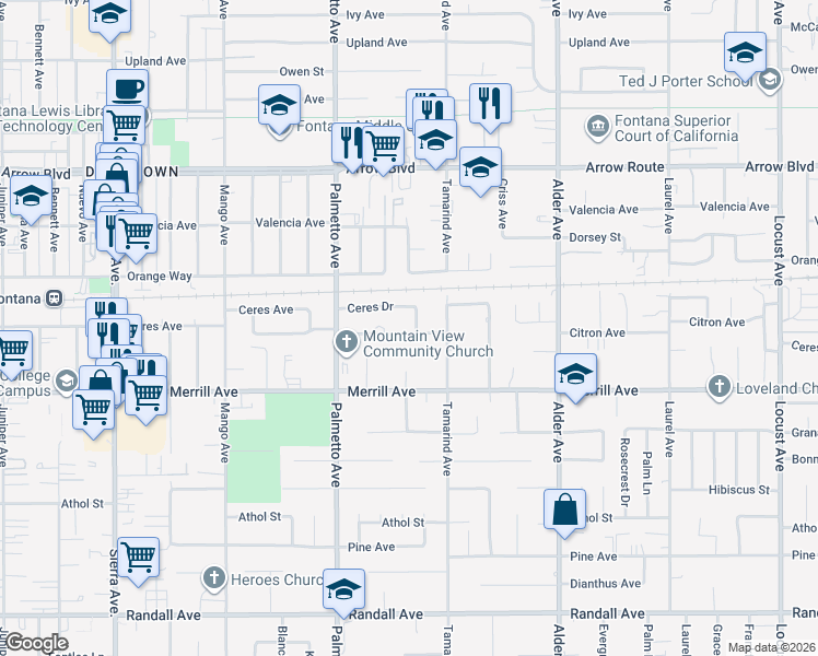 map of restaurants, bars, coffee shops, grocery stores, and more near 17417 Anastasia Avenue in Fontana