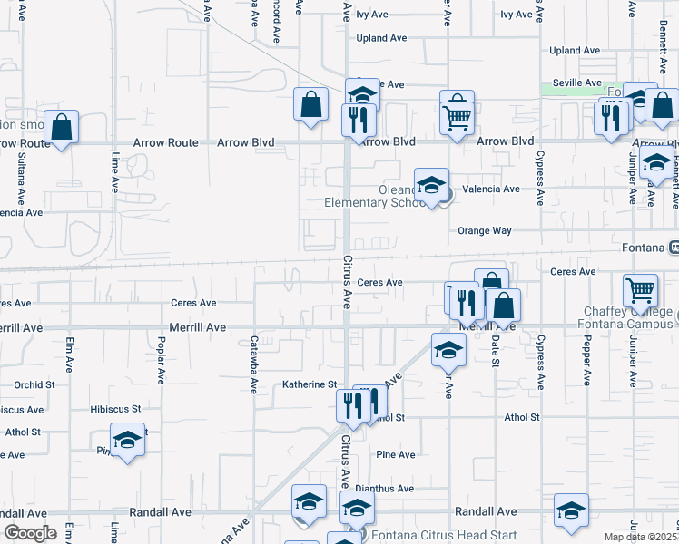 map of restaurants, bars, coffee shops, grocery stores, and more near 8814 Lydia Court in Fontana