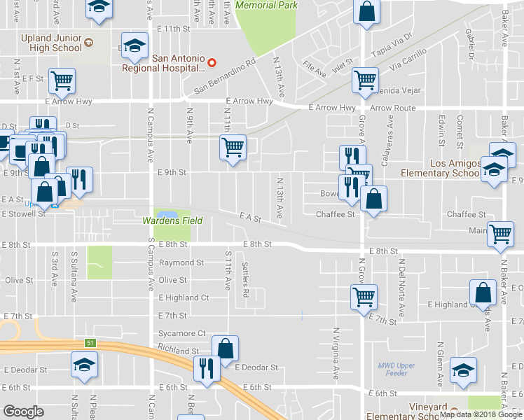 map of restaurants, bars, coffee shops, grocery stores, and more near 1297 East A Street in Upland