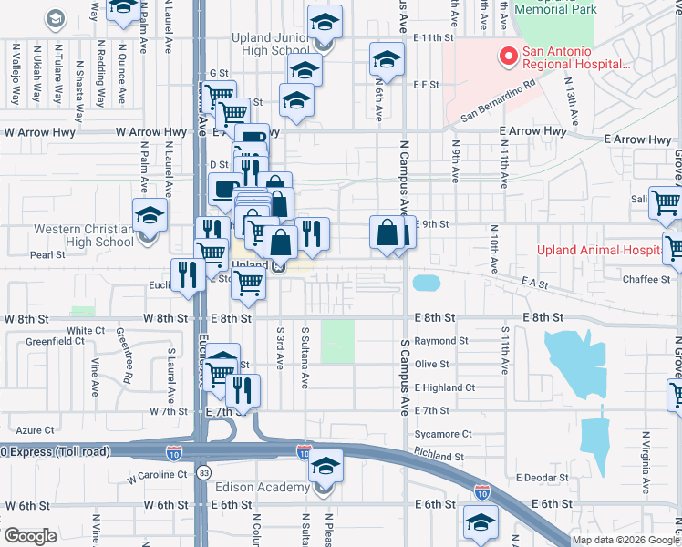 map of restaurants, bars, coffee shops, grocery stores, and more near 148 Royal Way in Upland