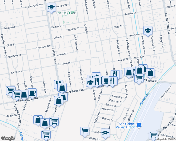 map of restaurants, bars, coffee shops, grocery stores, and more near 4915 Arden Drive in Temple City