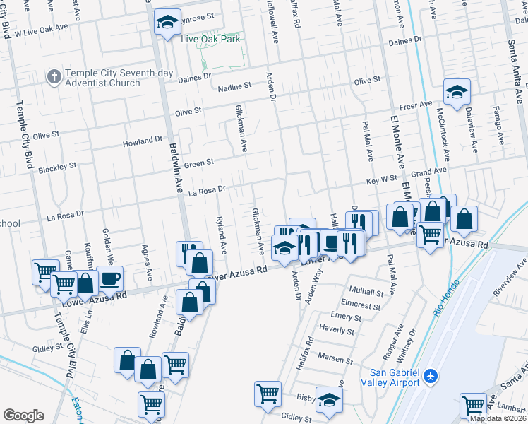 map of restaurants, bars, coffee shops, grocery stores, and more near 4915 Arden Drive in Temple City
