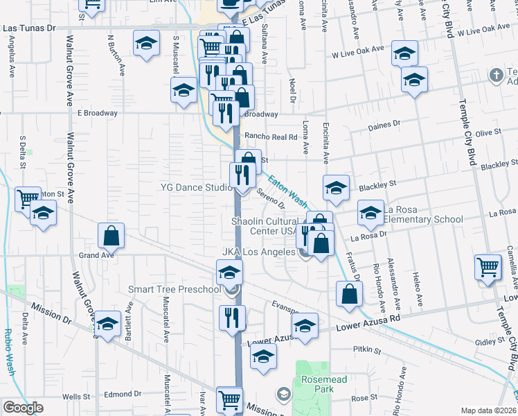map of restaurants, bars, coffee shops, grocery stores, and more near 9023 Pentland Street in Temple City