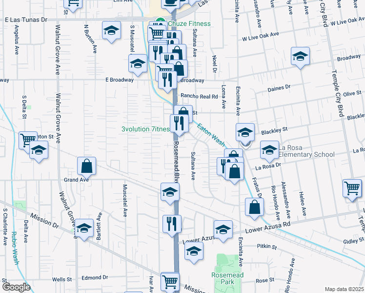 map of restaurants, bars, coffee shops, grocery stores, and more near 9023 Pentland Street in Temple City