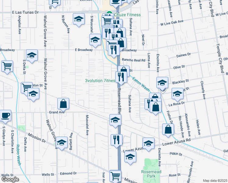 map of restaurants, bars, coffee shops, grocery stores, and more near in Temple City