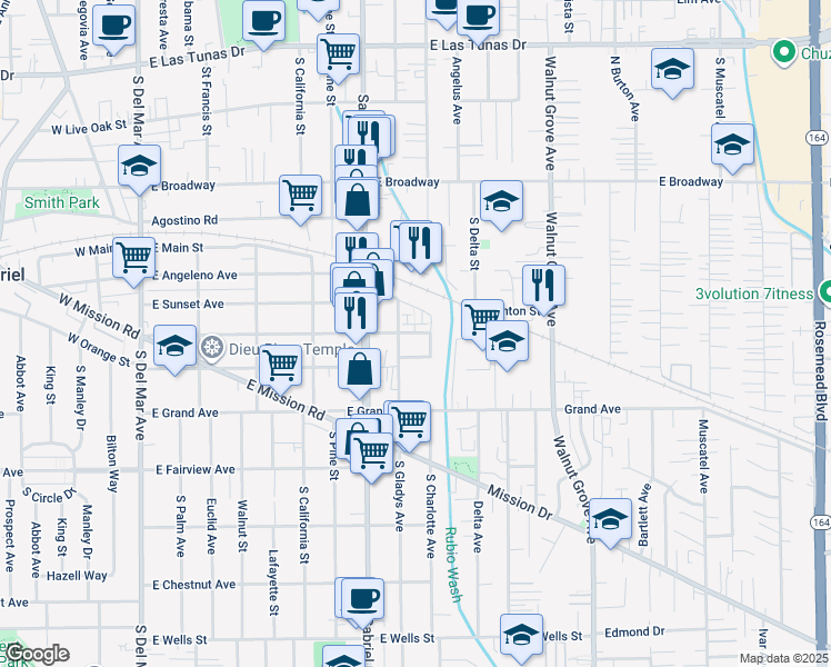 map of restaurants, bars, coffee shops, grocery stores, and more near 802 South Gladys Avenue in San Gabriel