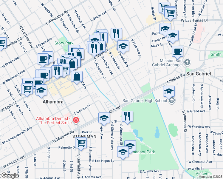 map of restaurants, bars, coffee shops, grocery stores, and more near 511 South Almansor Street in Alhambra
