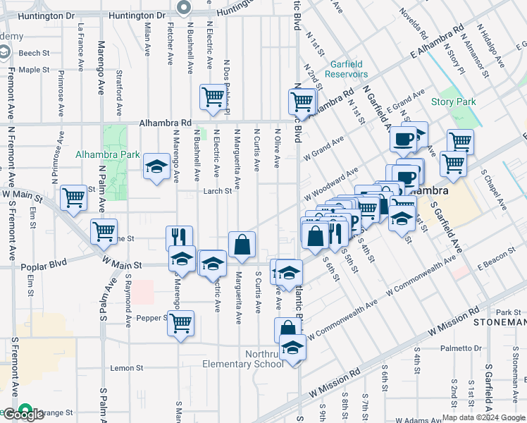 map of restaurants, bars, coffee shops, grocery stores, and more near 116 North Curtis Avenue in Alhambra