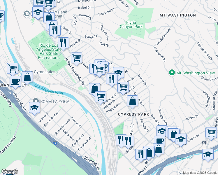 map of restaurants, bars, coffee shops, grocery stores, and more near 2664 1/2 Roseview Avenue in Los Angeles