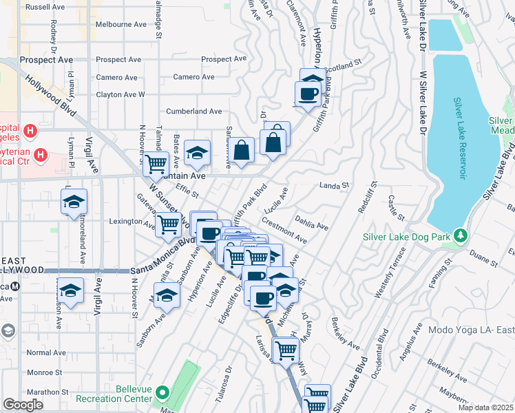 map of restaurants, bars, coffee shops, grocery stores, and more near 3651 Crestmont Avenue in Los Angeles