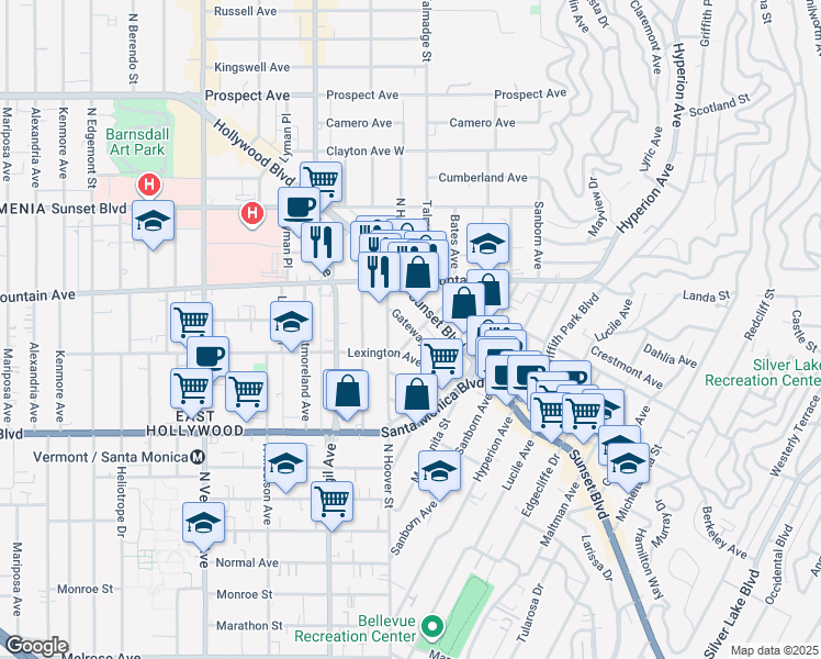 map of restaurants, bars, coffee shops, grocery stores, and more near 4351 Lexington Avenue in Los Angeles