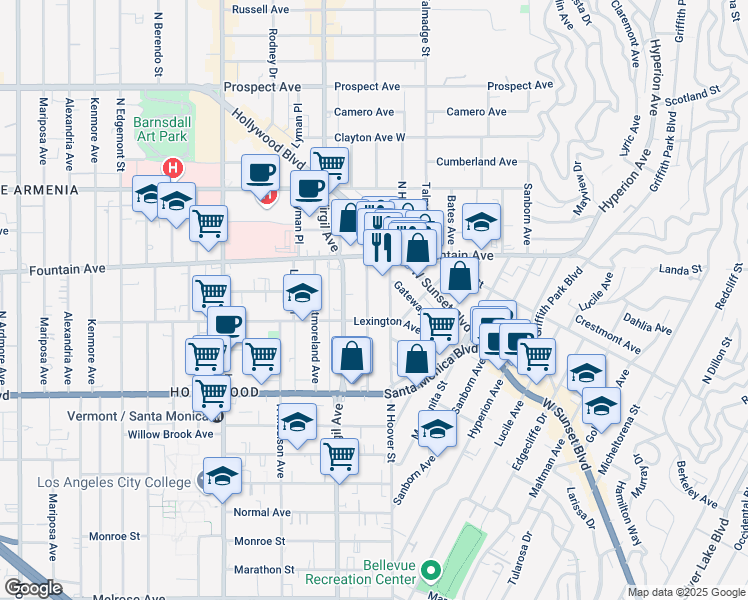 map of restaurants, bars, coffee shops, grocery stores, and more near 1203 North Commonwealth Avenue in Los Angeles