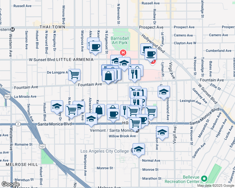 map of restaurants, bars, coffee shops, grocery stores, and more near 4829 Lexington Avenue in Los Angeles