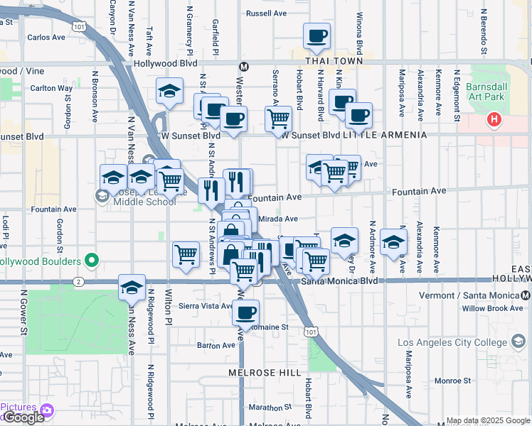 map of restaurants, bars, coffee shops, grocery stores, and more near 5432 La Mirada Avenue in Los Angeles