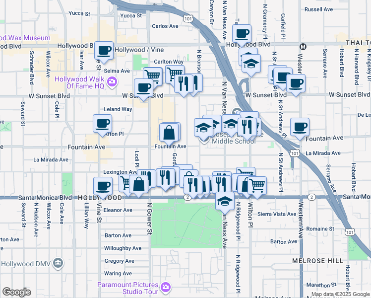 map of restaurants, bars, coffee shops, grocery stores, and more near 1226 Tamarind Avenue in Los Angeles