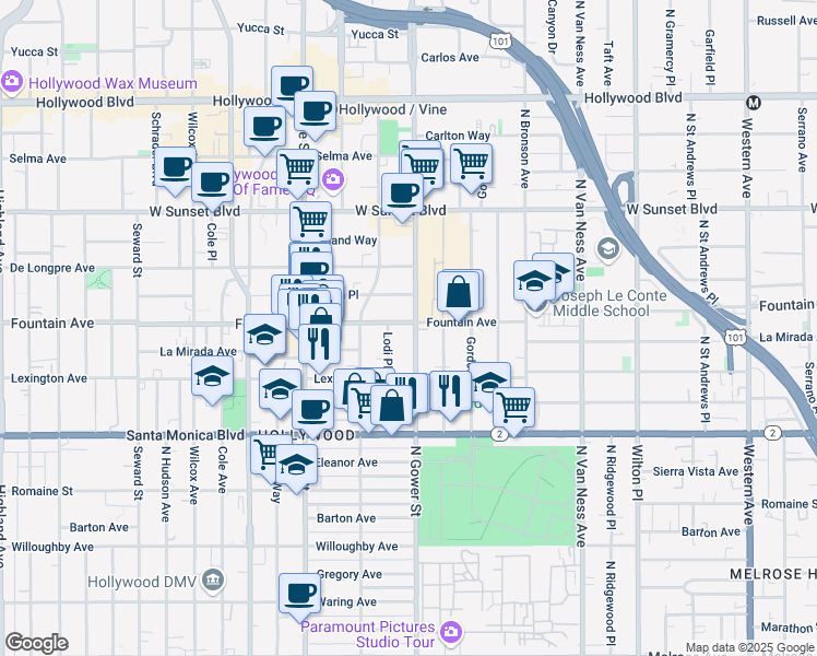 map of restaurants, bars, coffee shops, grocery stores, and more near 1232 Lodi Place in Los Angeles