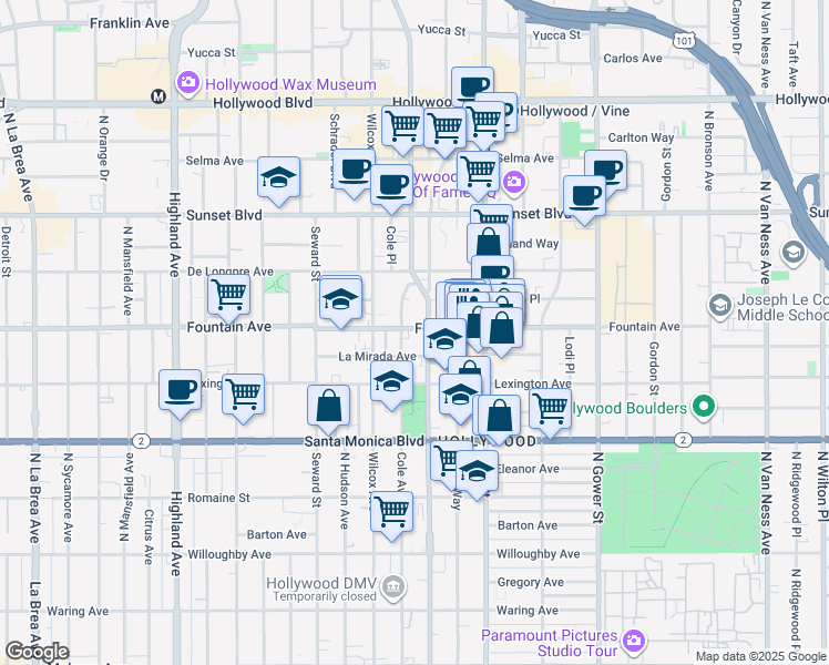 map of restaurants, bars, coffee shops, grocery stores, and more near in Los Angeles