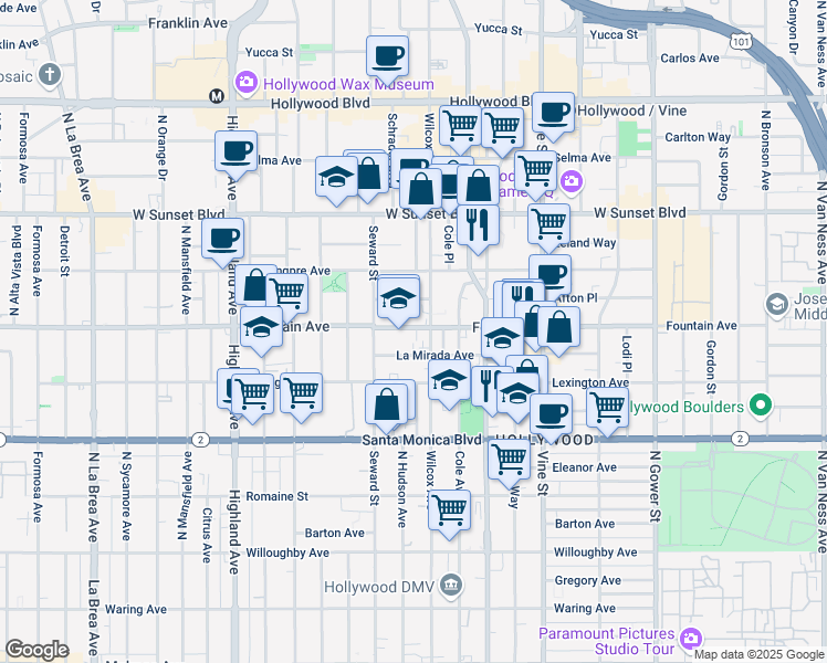 map of restaurants, bars, coffee shops, grocery stores, and more near 6523 La Mirada Avenue in Los Angeles