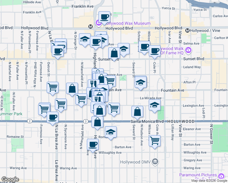 map of restaurants, bars, coffee shops, grocery stores, and more near 1231 North Las Palmas Avenue in Los Angeles