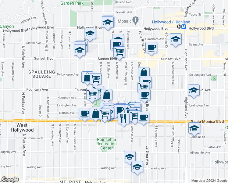 map of restaurants, bars, coffee shops, grocery stores, and more near 1231 Poinsettia Drive in West Hollywood