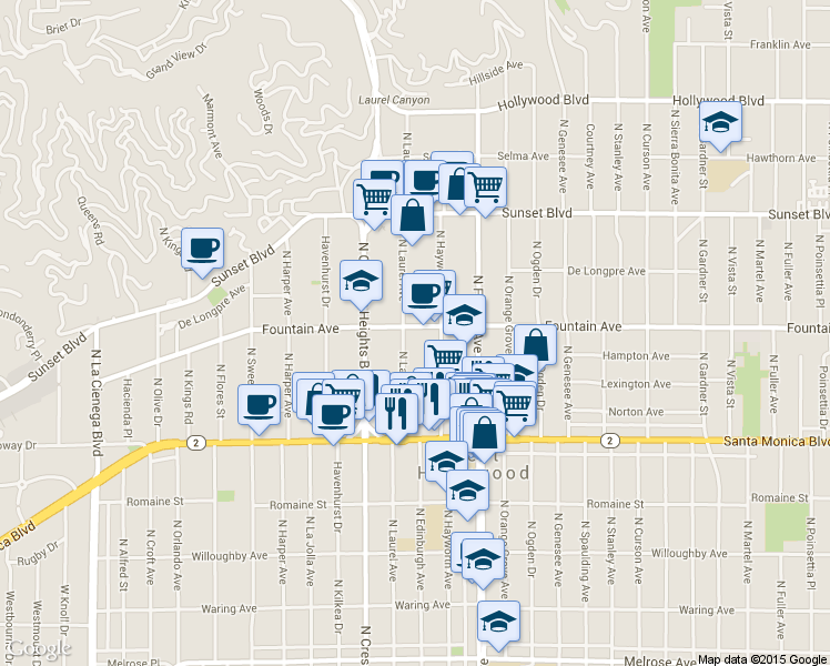 map of restaurants, bars, coffee shops, grocery stores, and more near 1263 North Hayworth Avenue in West Hollywood