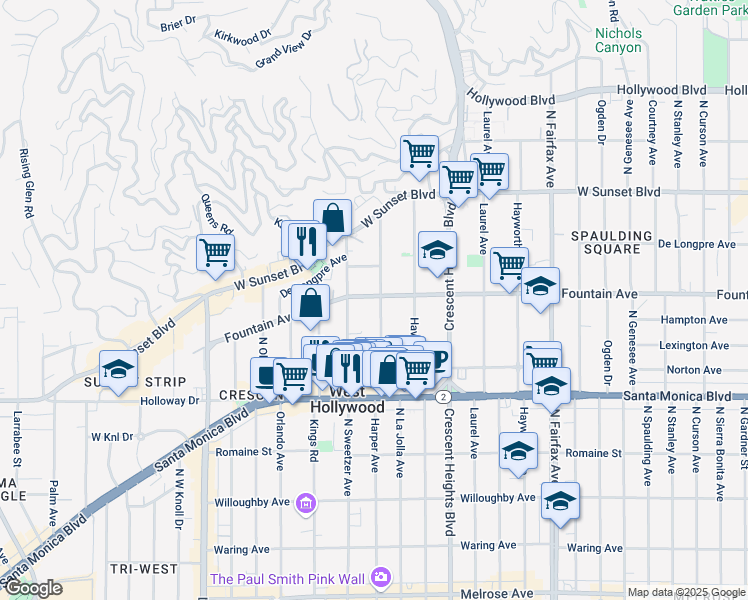 map of restaurants, bars, coffee shops, grocery stores, and more near 1255 North Harper Avenue in West Hollywood