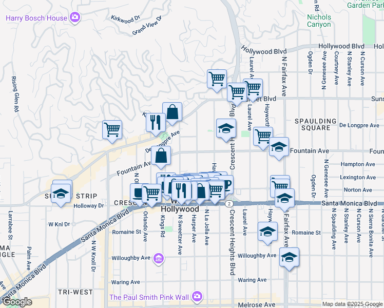 map of restaurants, bars, coffee shops, grocery stores, and more near 1255 North Harper Avenue in West Hollywood