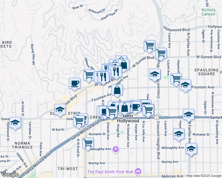 map of restaurants, bars, coffee shops, grocery stores, and more near 1264 North Kings Road in West Hollywood