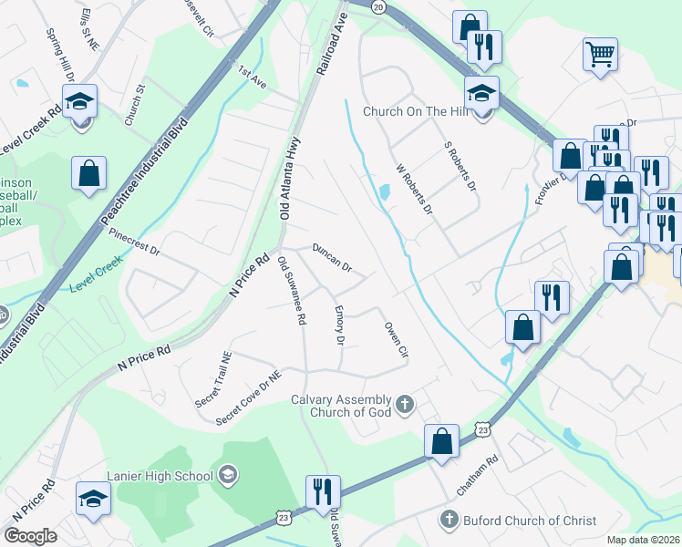 map of restaurants, bars, coffee shops, grocery stores, and more near 4539 Cheeley Drive in Sugar Hill