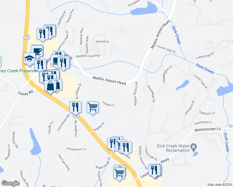 map of restaurants, bars, coffee shops, grocery stores, and more near 435 Wood Duck Ct in Forsyth