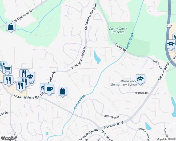 map of restaurants, bars, coffee shops, grocery stores, and more near 3110 Rocky Brook Drive in Alpharetta
