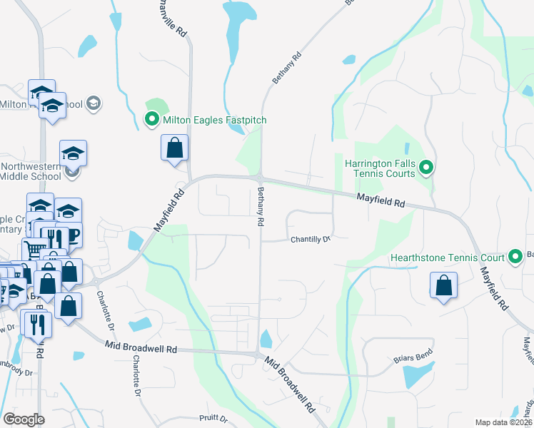 map of restaurants, bars, coffee shops, grocery stores, and more near 12795 Bethany Road in Alpharetta