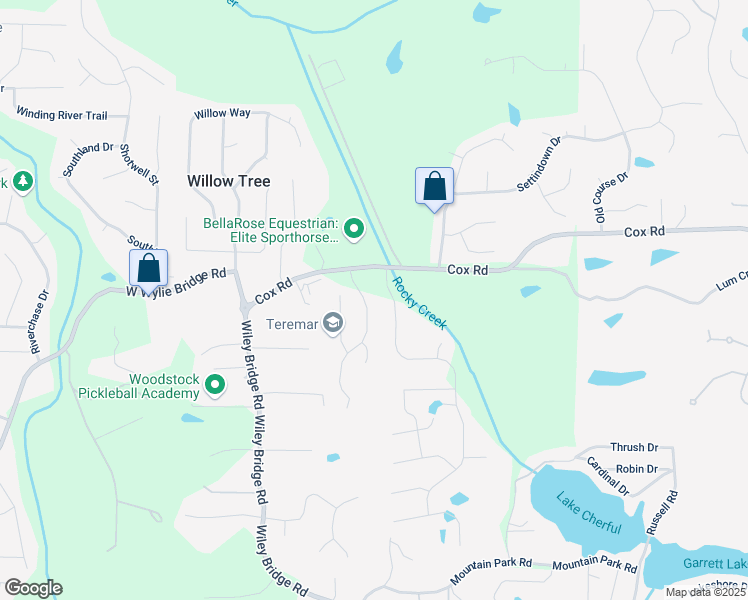 map of restaurants, bars, coffee shops, grocery stores, and more near 101 Fernwood Drive in Woodstock