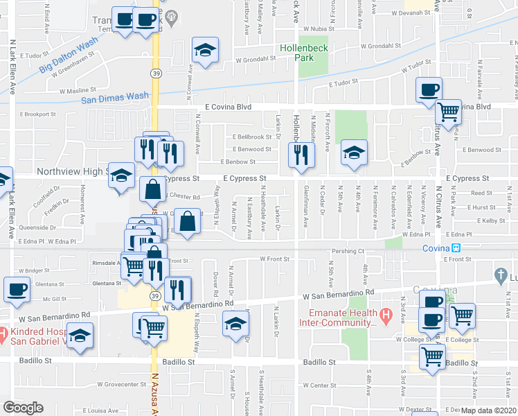 map of restaurants, bars, coffee shops, grocery stores, and more near 4515 North Heathdale Avenue in Covina