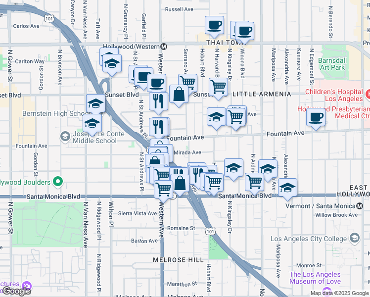 map of restaurants, bars, coffee shops, grocery stores, and more near 5407 La Mirada Avenue in Los Angeles
