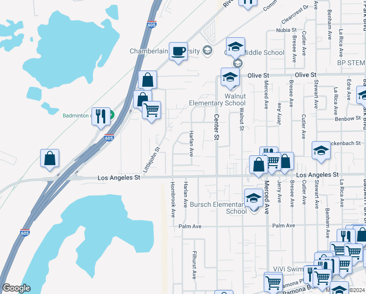 map of restaurants, bars, coffee shops, grocery stores, and more near 13318 Rockenbach Street in Baldwin Park