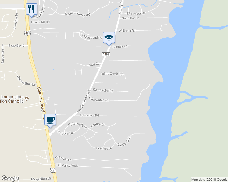 map of restaurants, bars, coffee shops, grocery stores, and more near Egret Point Road in Wilmington