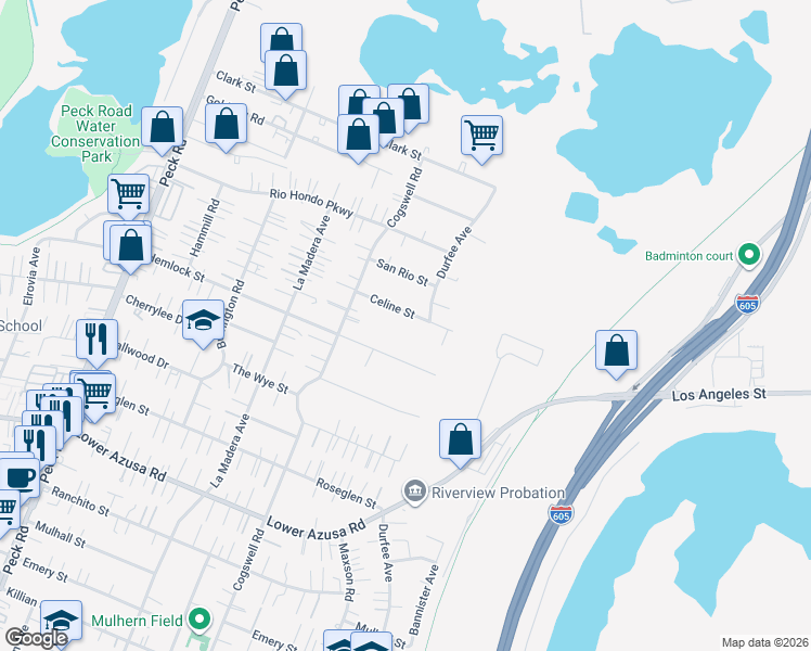 map of restaurants, bars, coffee shops, grocery stores, and more near 12066 Celine Street in El Monte