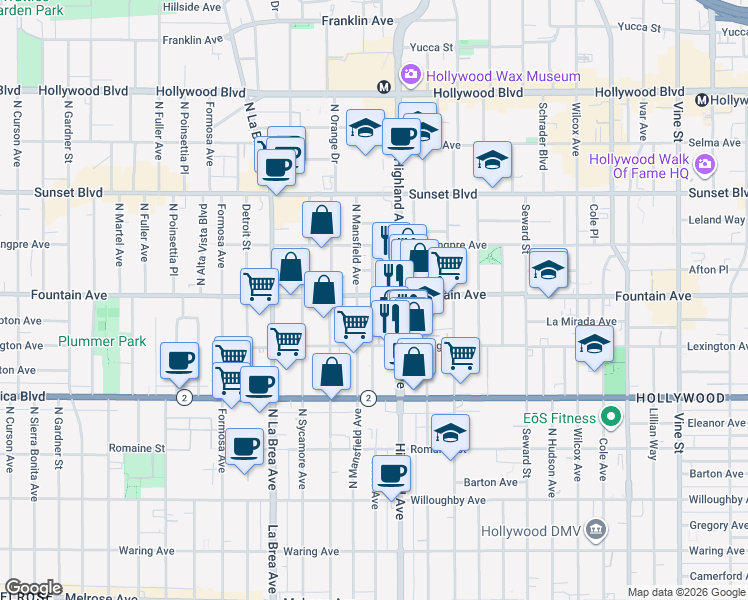 map of restaurants, bars, coffee shops, grocery stores, and more near 1259 North Citrus Avenue in Los Angeles
