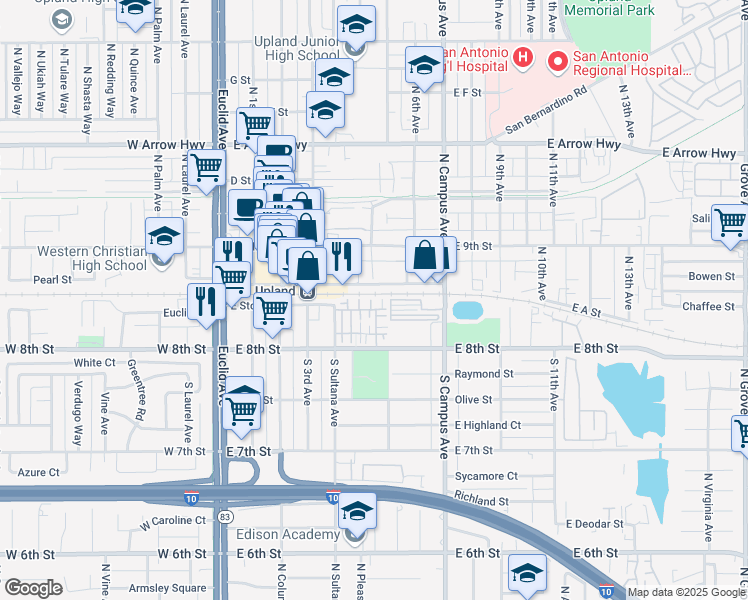 map of restaurants, bars, coffee shops, grocery stores, and more near 148 Royal Way in Upland